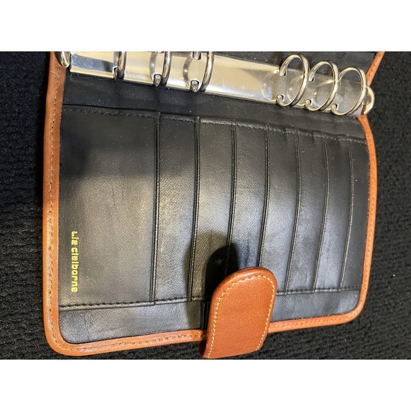 Liz Claiborne Black Brown Leather Planner Organizer Wallet Binder Crest Logo - Picture 9 of 12